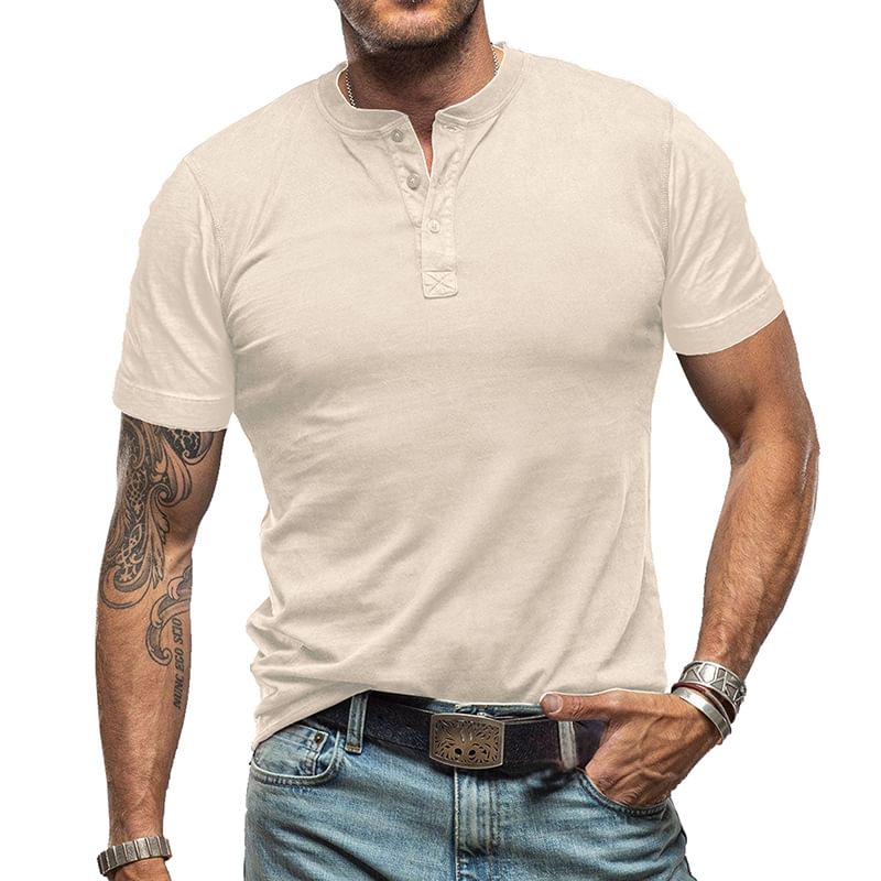 Dubbel Wit - Henley effen T-shirt met korte mouwen