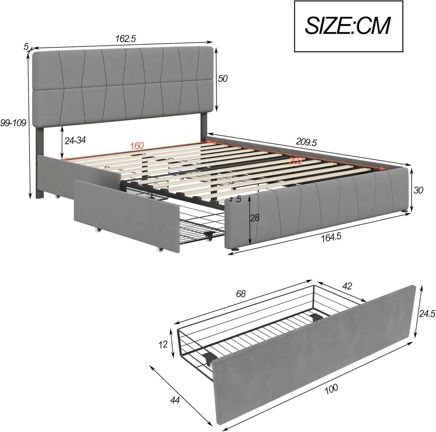 Bett mit Stauraum 160x200 cm mit 4 Schubladen, Polsterbett Doppelbett mit Verstellbares Kopfteil, Jugendbett mit Stauraum und Lattenrost, Funktionsbett Bettgestell, Samt (Grau-Samt, 160x200cm)