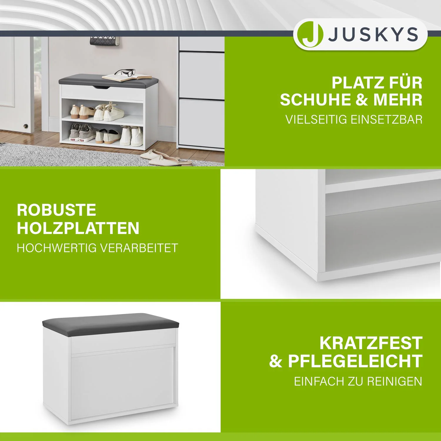Juskys Schuhregal mit Klappdeckel und gepolstertem Sitz 60x30x44 cm – Holz Regal in Weiß