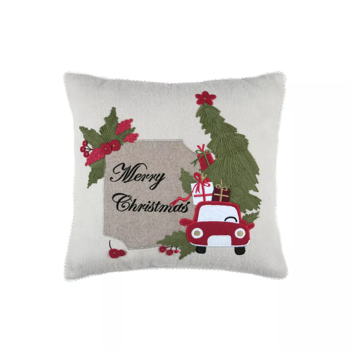 Coussin de Noël brodé (45 x 45 cm) Vœux Merry Christmas Naturel