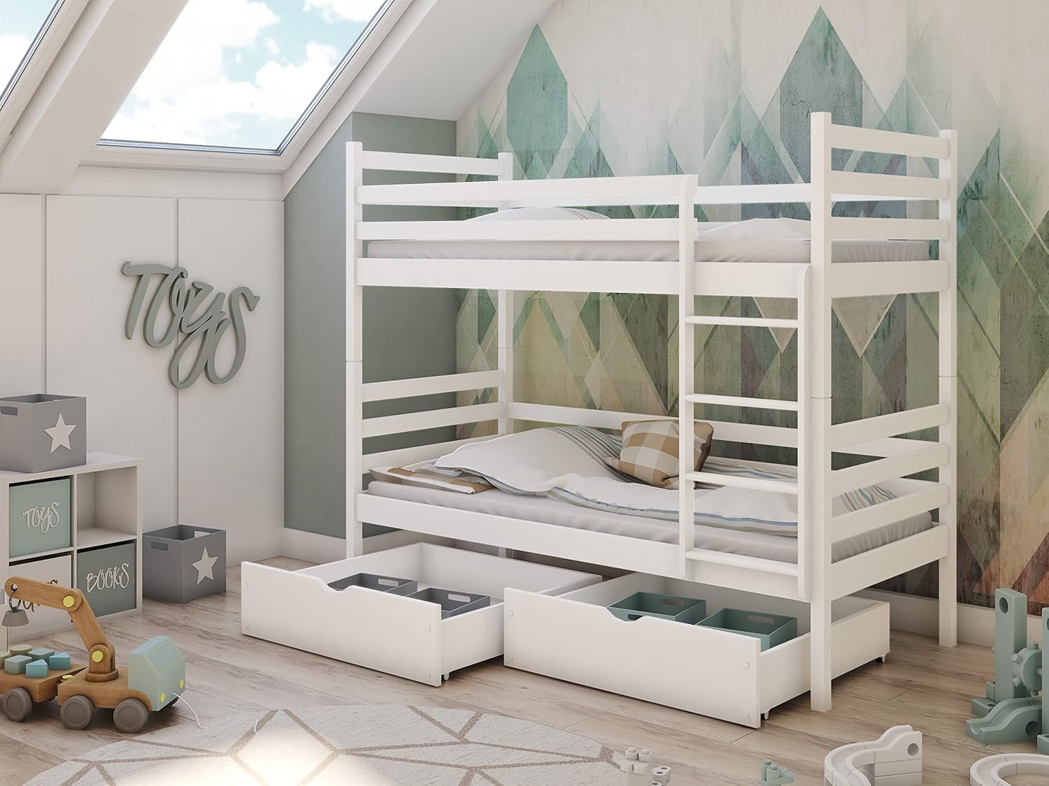 Hochbett 90x200 cm mit 2 Matratzen und 2 Schubladen Etagenbett mit Rausfallschutz und Lattenrost, umbaubar in Zwei Kinderbetten, aus Vollholz massiv in weiß, Funktionsbett Kinderbett