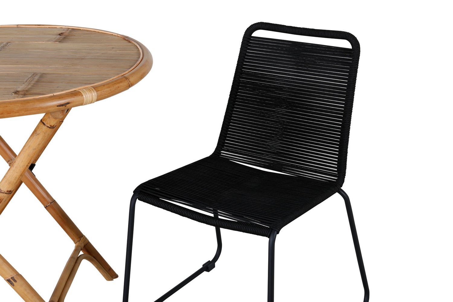 Tuinset van riet, tafel Ø80cm en 2 stoelen, S Lindos, zwart, naturel. 80 x 80 x 80 cm