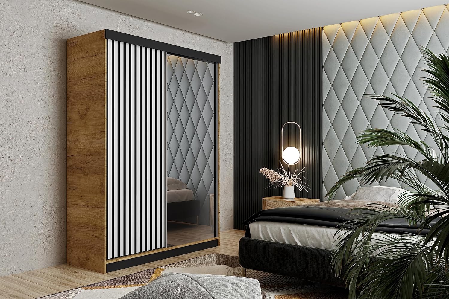 KIER FURNITURE Schränke für Stauraum - Malani 138 - Kleiderschrank - Schiebetürenschrank - Eleganter Kleiderschrank Schrank Garderobe - Schrank - Craft Eiche Gold & Graphit 138x205x59 cm