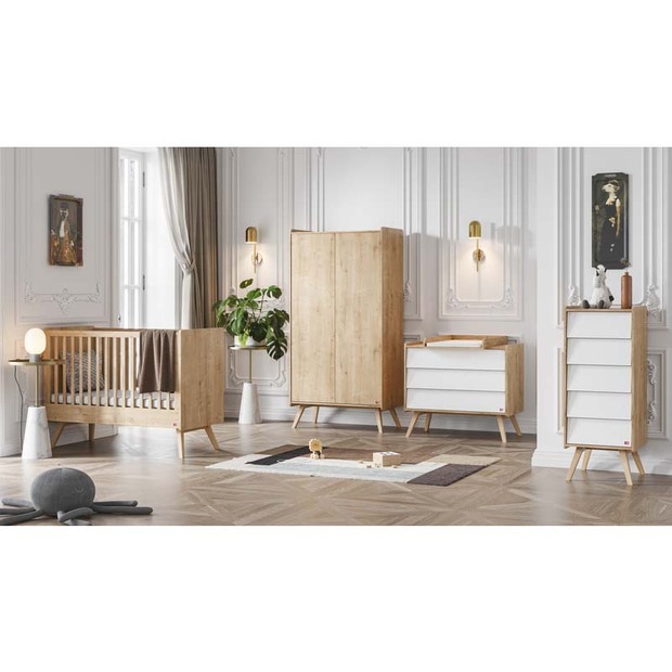 Chambre TRIO VINTAGE Lit 60x120 Commode Armoire Bois Blanc - VOX