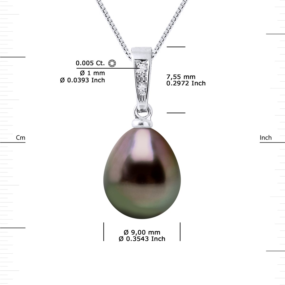 Pendentif Diamants 0,010 Cts et Perle de TAHITI Poire 9-10 mm Or Blanc 18 Carats Livré avec Chaîne