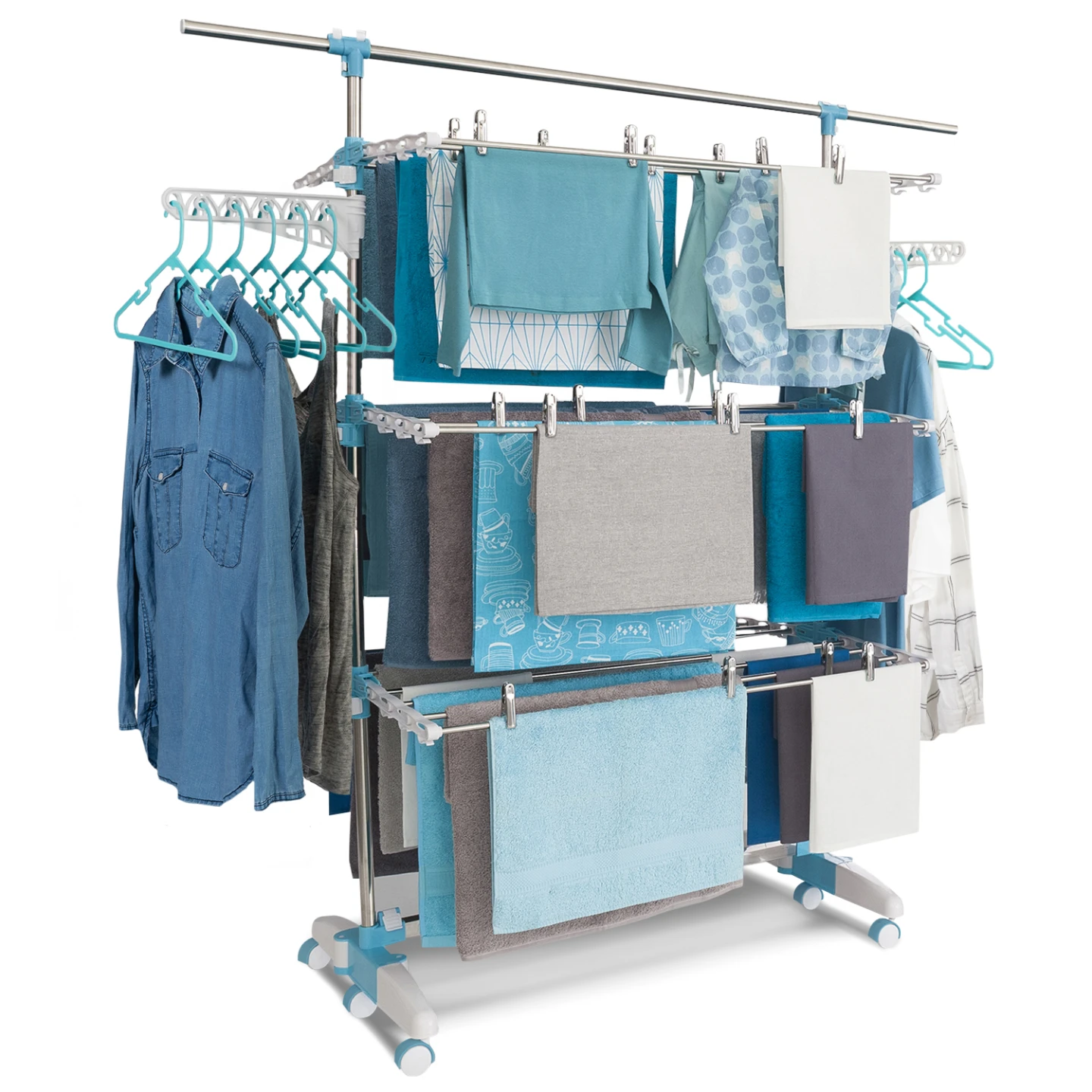 Séchoir à linge vertical pliable 3 niveaux OPTIMUM capacité 30M avec tringle télescopique ceintres et pinces blanc et bleu