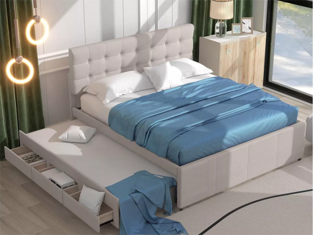 Lit gigogne avec 3 tiroirs - 140 x 200 cm + 90 x 190 cm - tissu lin - tête de lit réglable - coloris beige