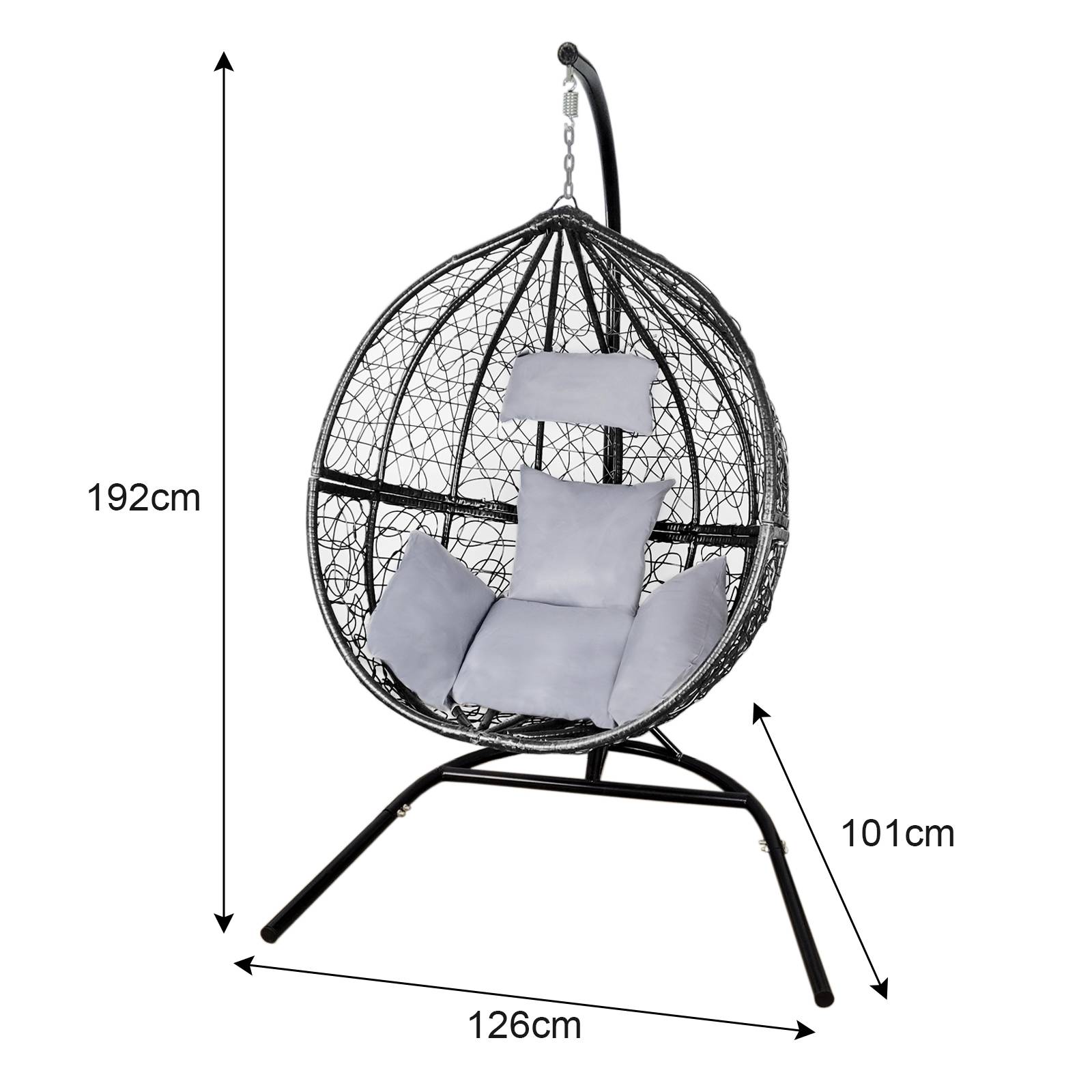 Cadeira suspensa em rattan, modelo Egg Chair, para pátio, área externa e interna, cor preta | com almofadas
