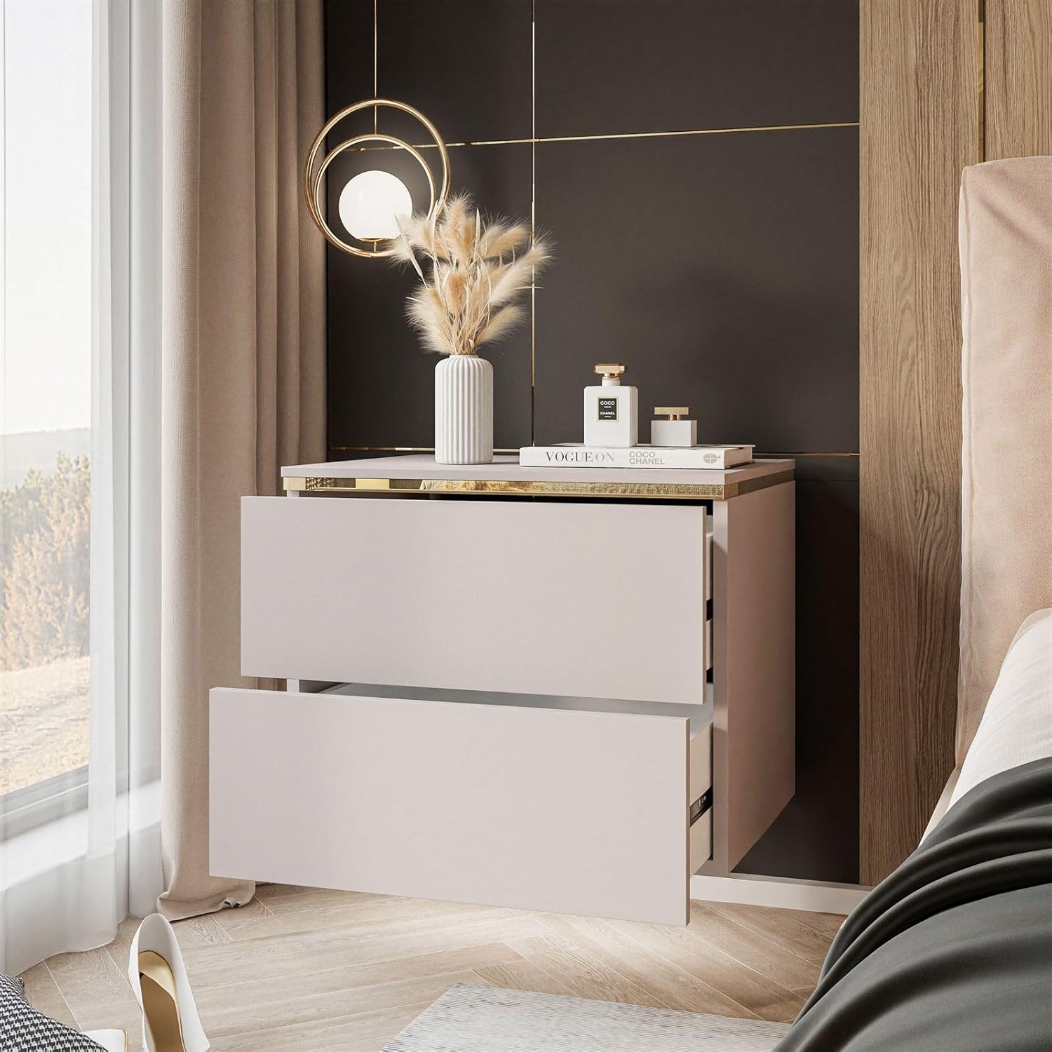 Lookway Nachttisch Aurora II Kaschmir Matt mit LED Beleuchtung Hängend oder auf Goldenen Beinen Gold Dekorative Leiste Modernes Schlafzimmermöbel (Hängend)