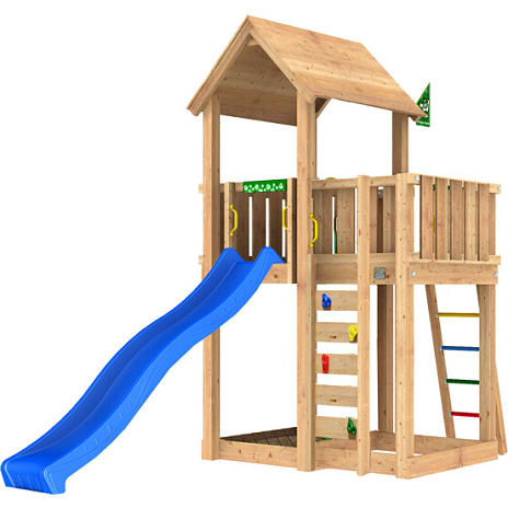 Jungle Gym Mansion 2.1 legetårn inkl. 120 kg sand og blå rutsjebane