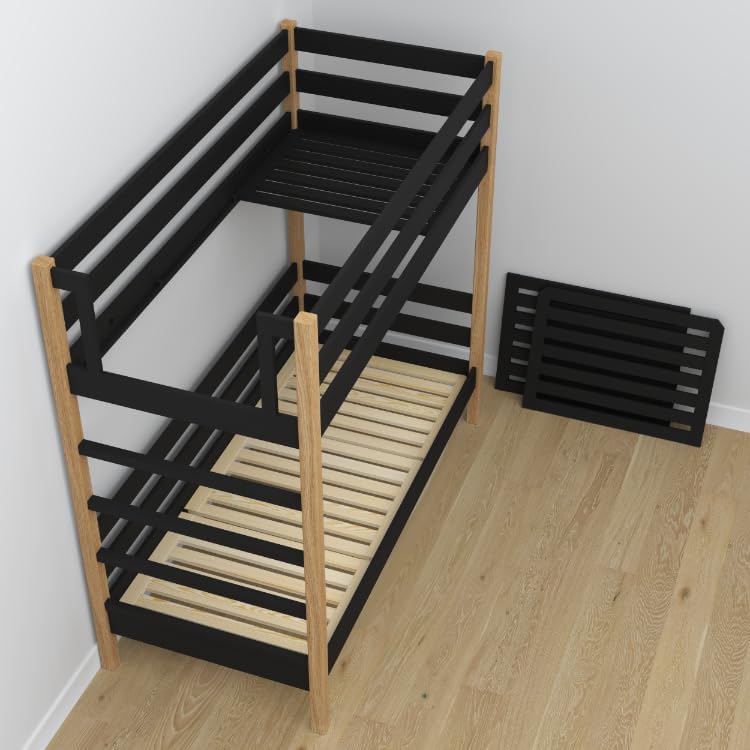N03 Etagenbett mit Schublade, Kinderbett 90x200 cm, für 2 Kinder, 2 Leitermontageseiten: Links oder rechts, abgerundete Kanten, Massivholzkonstruktion, Hochwertige Materialien, Schwarzeiche