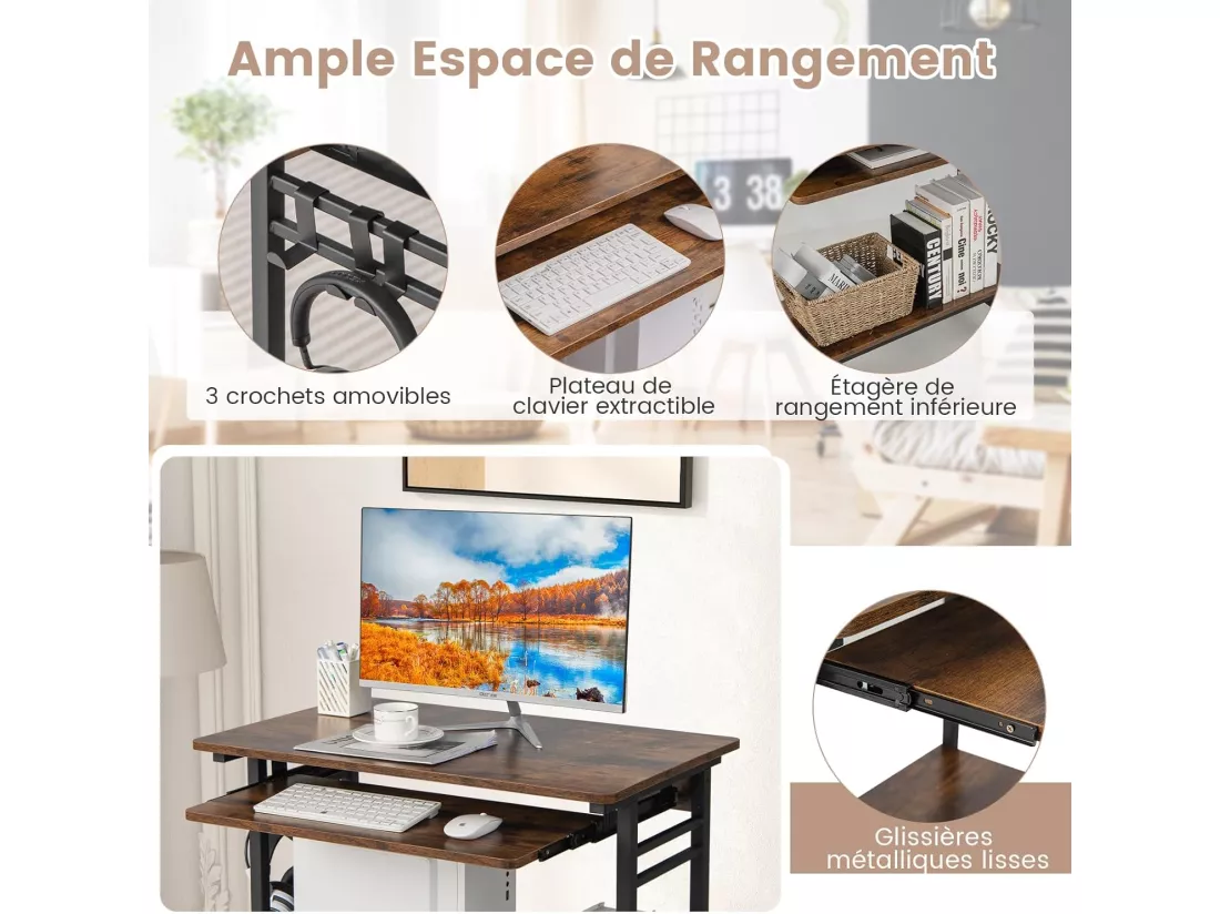 Bureau d'Ordinateur à roulettes, Bureau Informatique Mobile avec Plateau Clavier Extractible, 3 Crochets, Étagère de Rangement, pour Bureau à Domicile, Chambre d’Enfant, Marron Rustique
