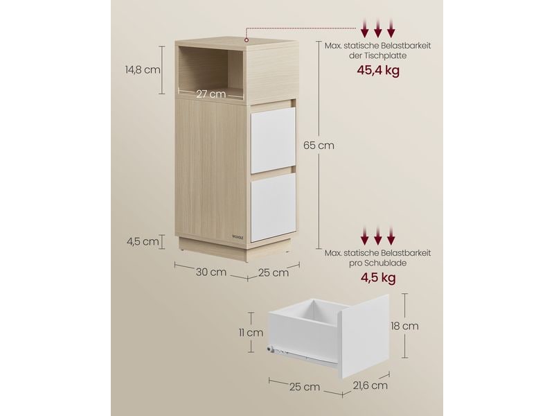 VASAGLE Nachttisch 2er Set 25 x 65 cm, Beige Nachttisch-Set mit je 2 Schubladen