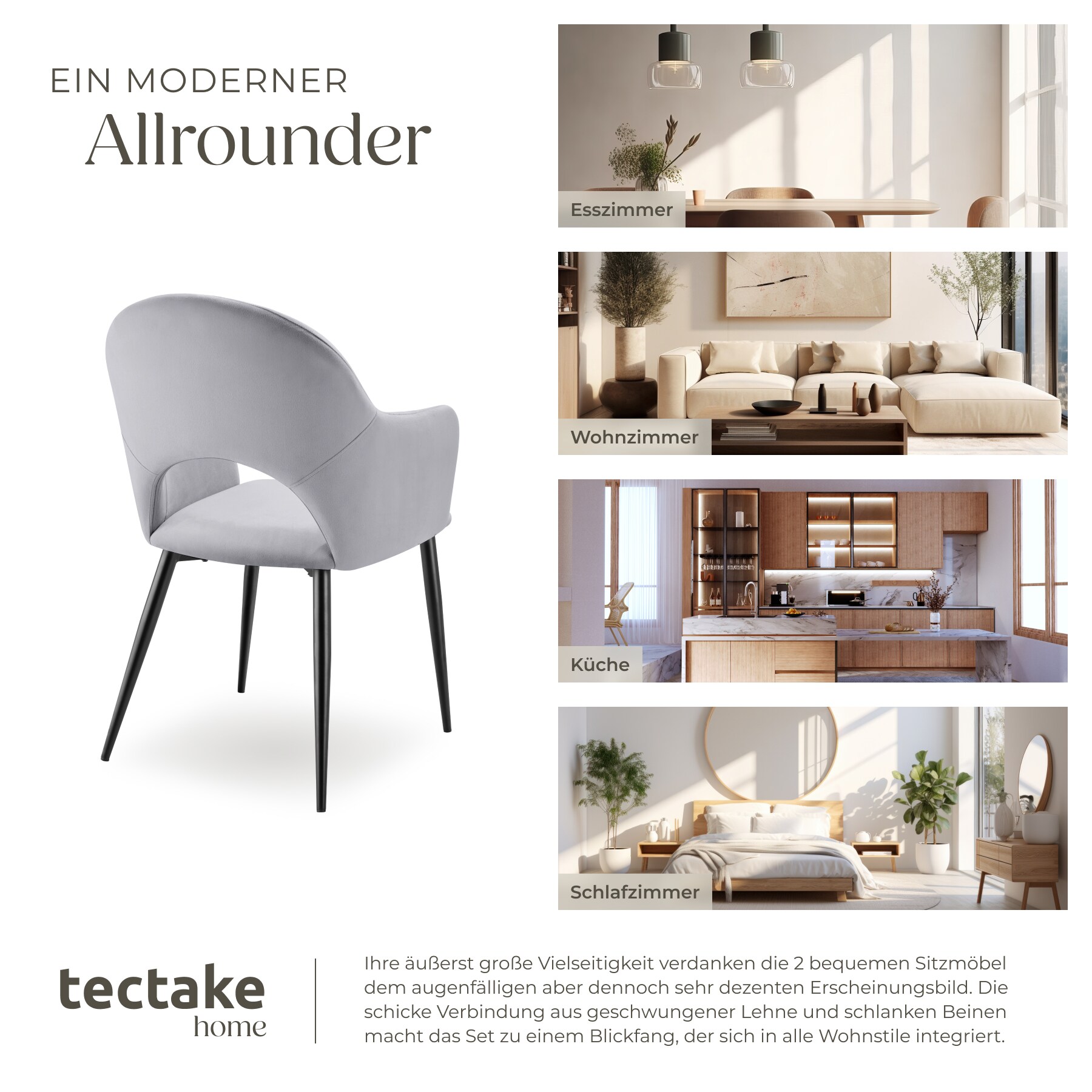tectake® Armlehnstuhl, in Samtoptik, gepolstert, pulverbeschichtete Stahlbeine, 57 x 61,5 x 87,5 cm