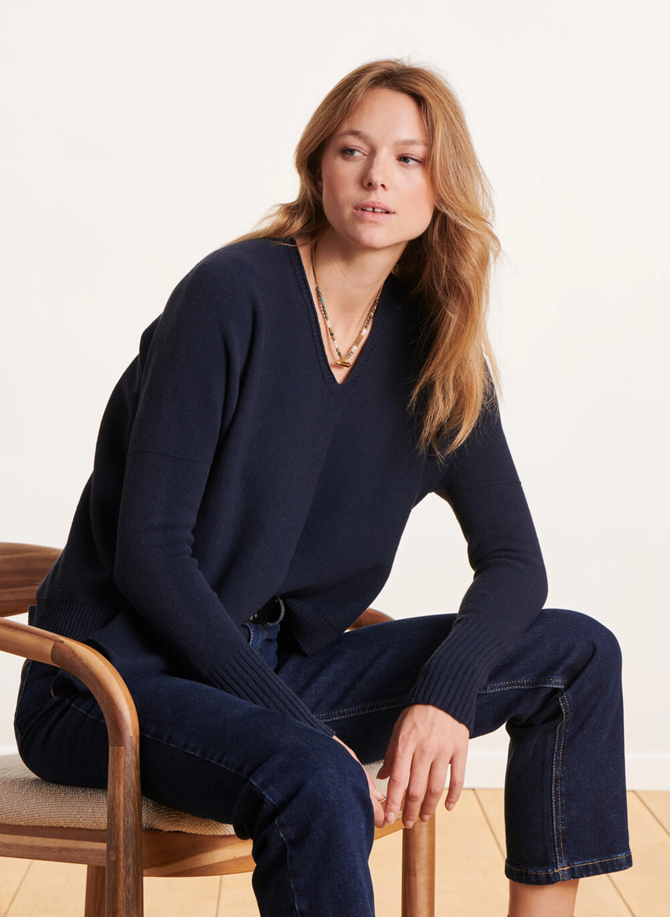 Pull col V en laine mélangée | Bleu