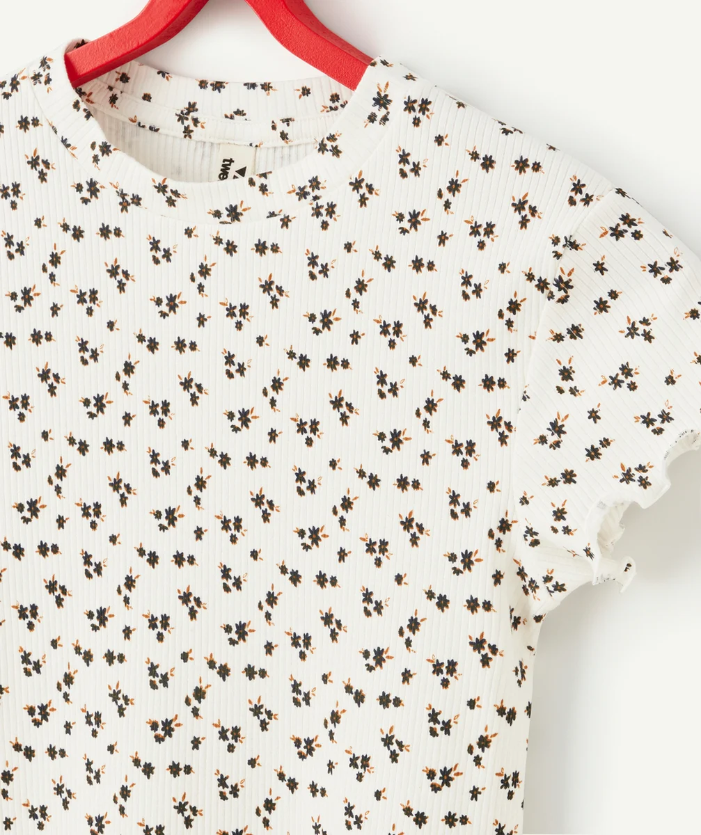 T-SHIRT FILLE EN COTON BIO BLANC CÔTELÉ IMPRIMÉ FLEURI