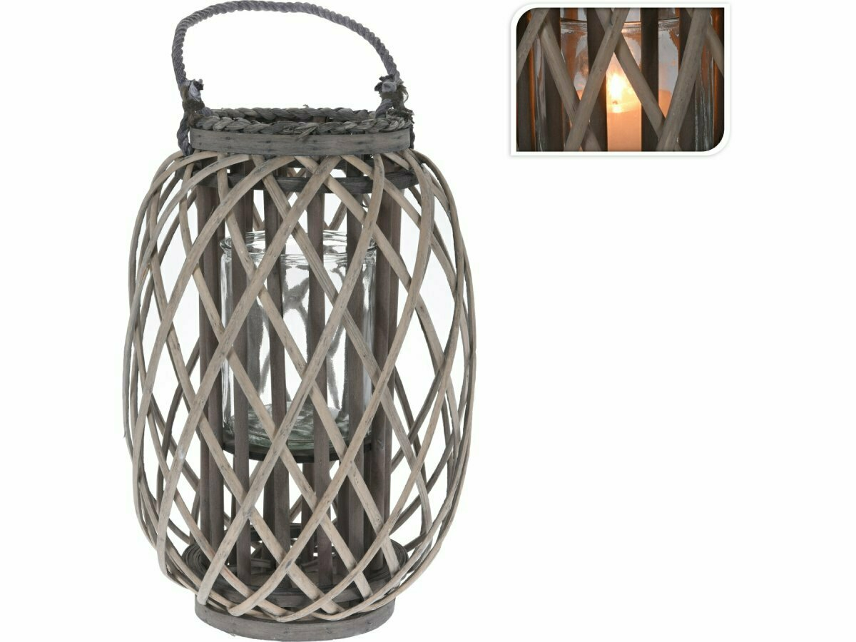 H & S Decoration Ø 26 x 40 cm rieten lantaarn - Grey