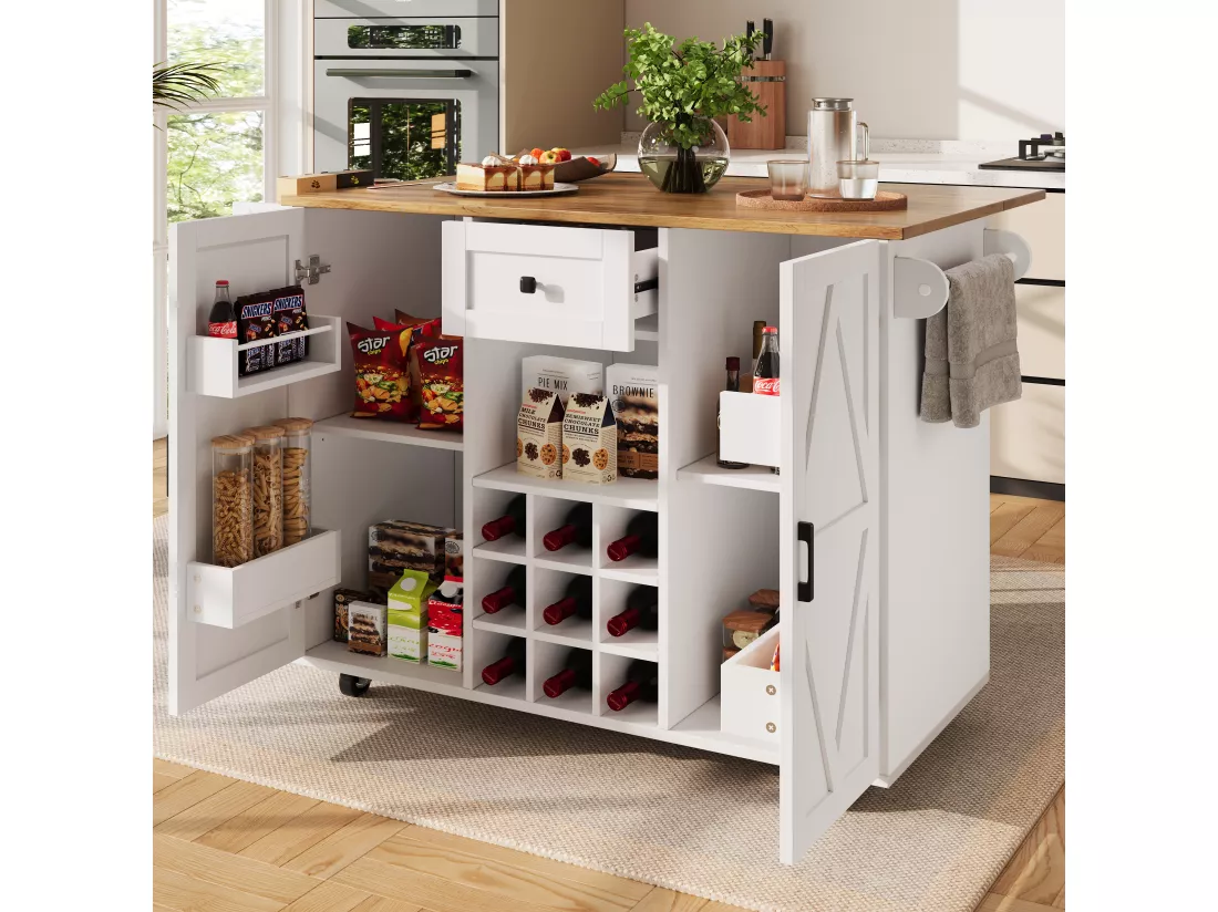 Îlot de cuisine moderne, meuble buffet avec grain de bois, 137.5×39.5×95.6 cm, MDF, Blanc