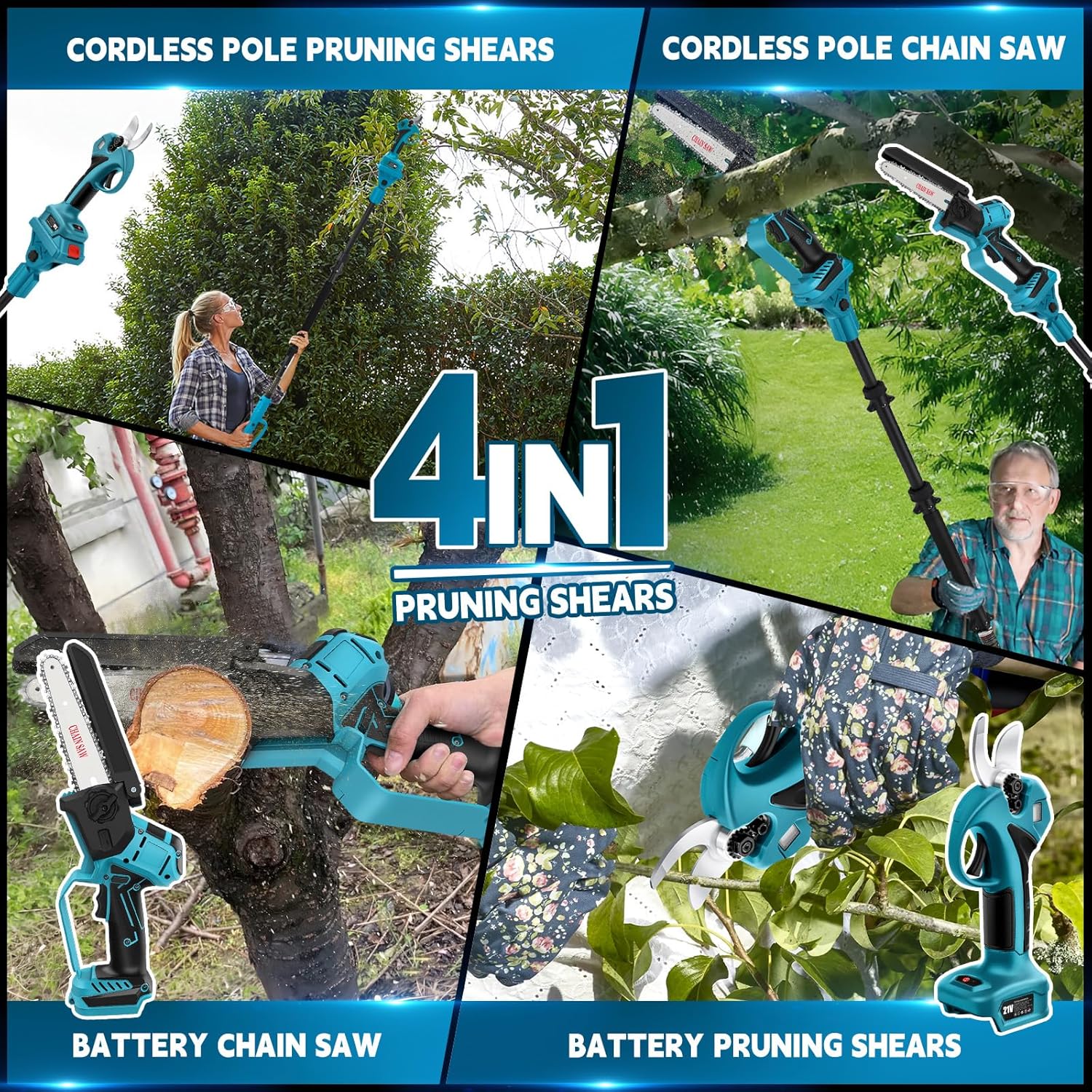 4 in 1 Akku Hochentaster 6 Zoll Mini Kettensäge mit Akku und ladegerät 45 mm Elektrische Gartenschere 2x 4000mAh Elektrische Baumschere Astschere HandKettensäge Batterie säge Teleskop Astsäge