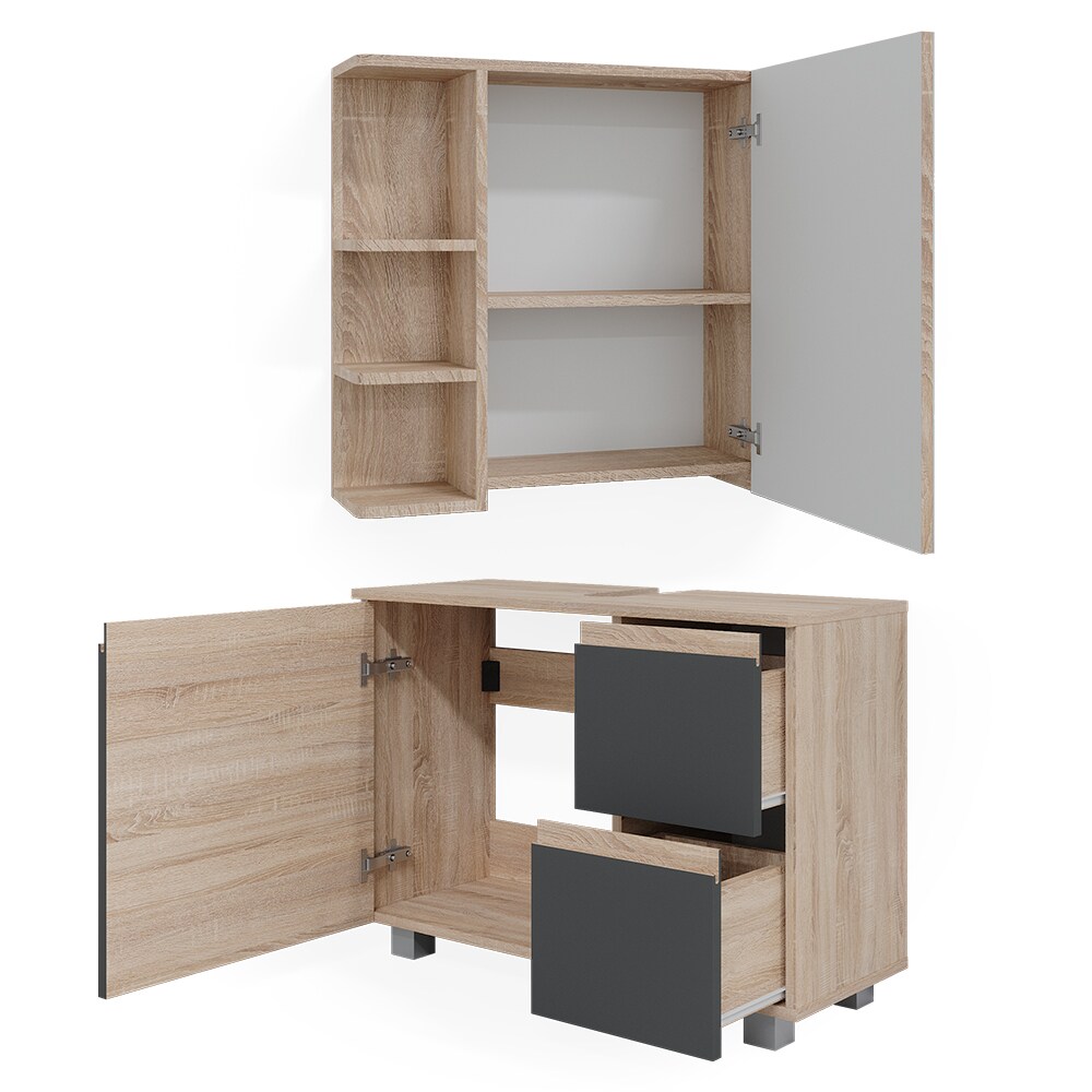 Vicco Badmöbelset J-shape Sonoma Anthrazit modern Badezimmer Schrank Badschrank Waschtischunterschrank Spiegelschrank Schranktür Schrankschublade Aufbewahrung