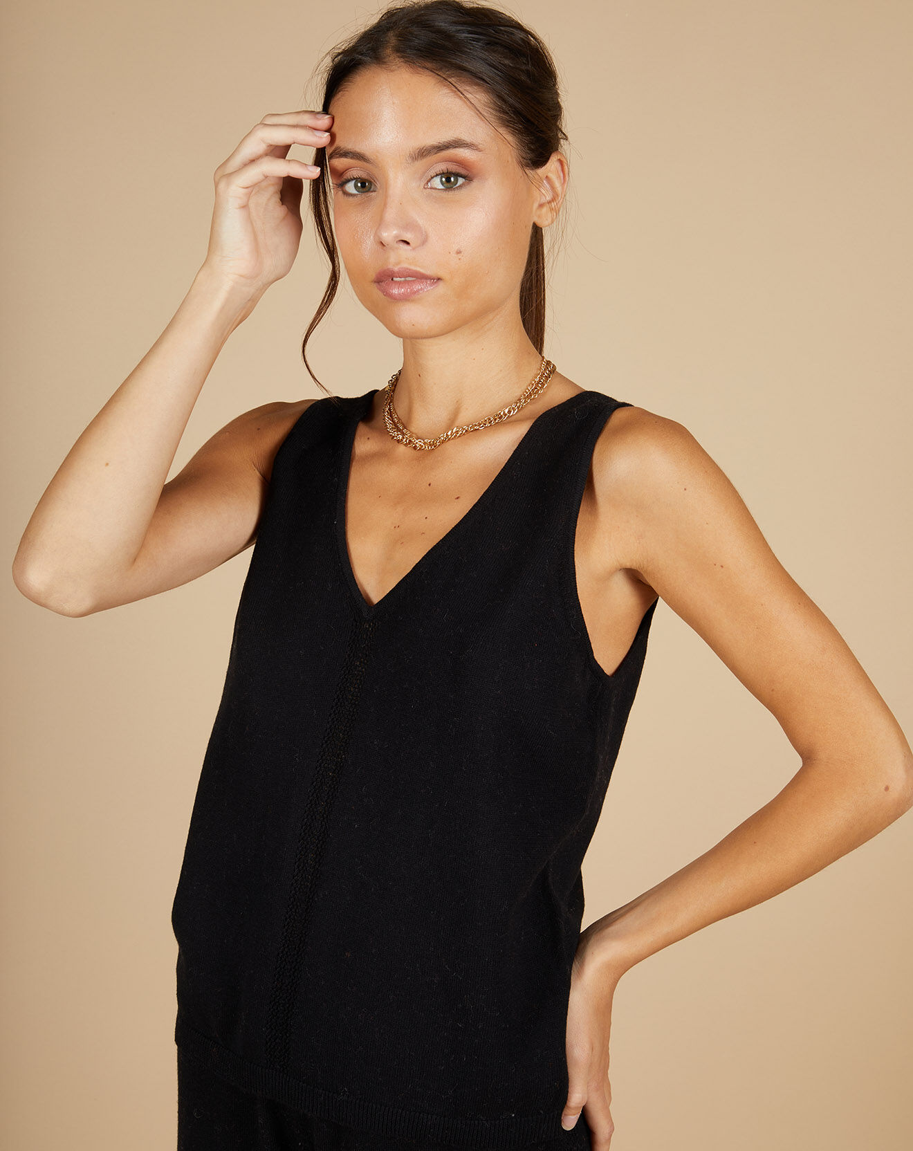 Cashmere Tribu Top en Coton & Cachemire Juliette fines bretelles noir