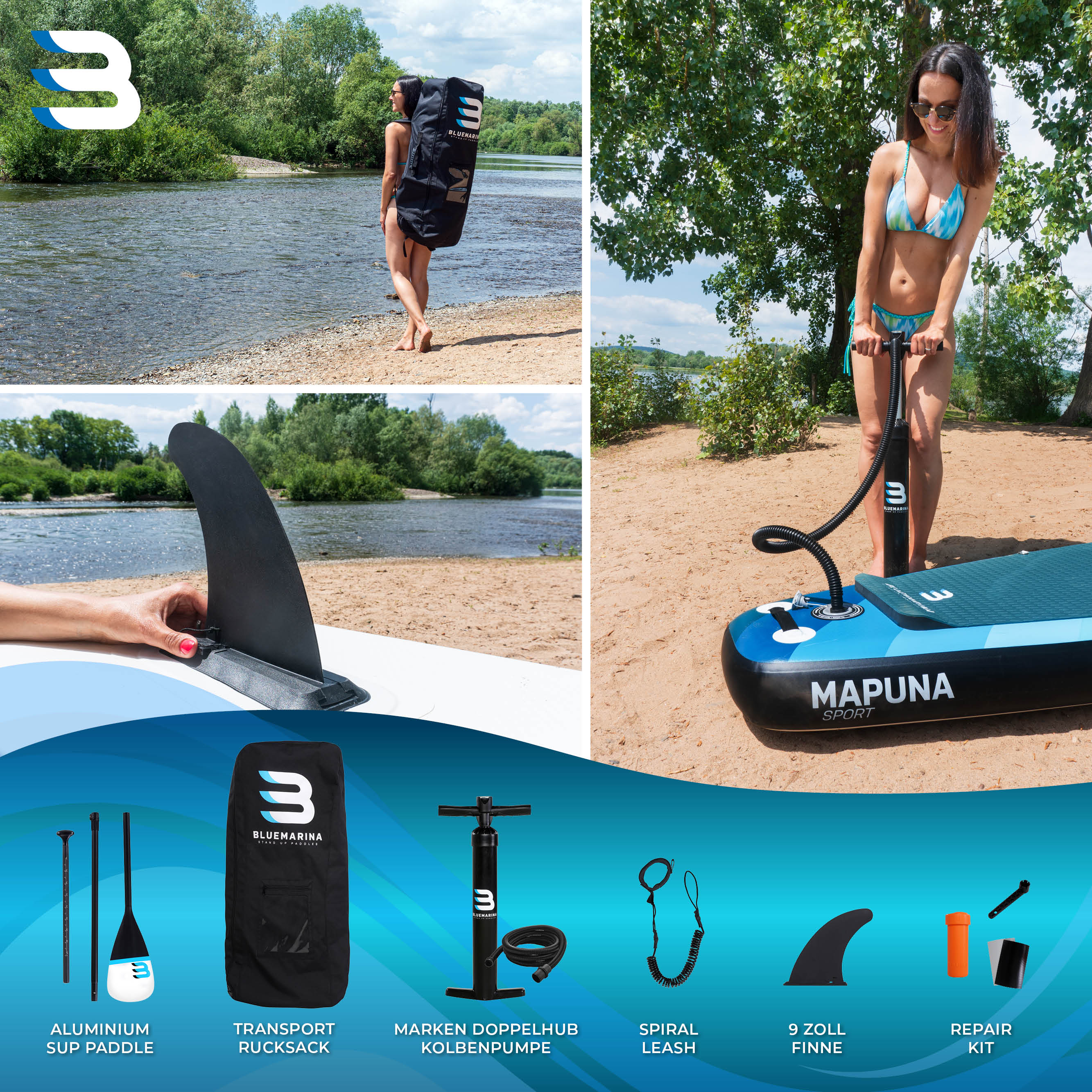 Bluemarina SUP Board Mapuna Sport, Kickpad, Double Layer, Paddel, Pumpe, Rucksack, 5J Garantie