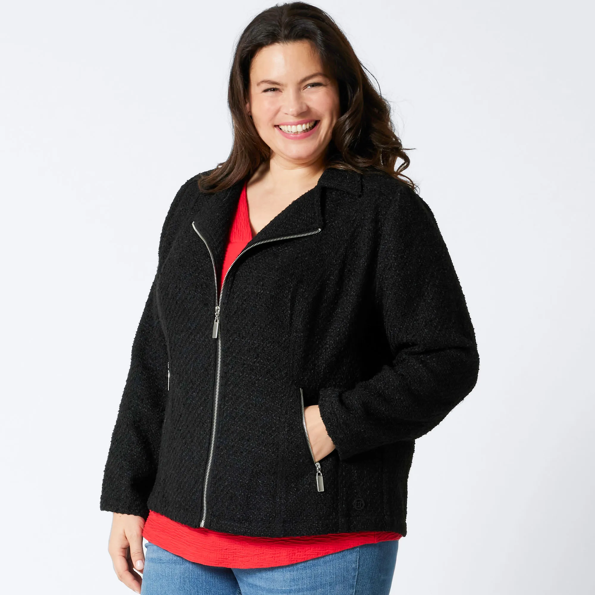 Damen-Bouclé-Jacke mit 2 Reißverschluss-Taschen, große Größen