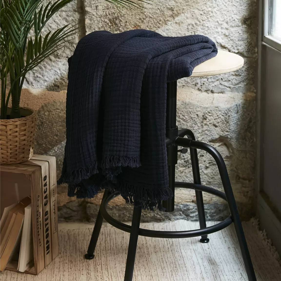 Plaid gaze de coton (130 x 160 cm) Gaïa Bleu nuit