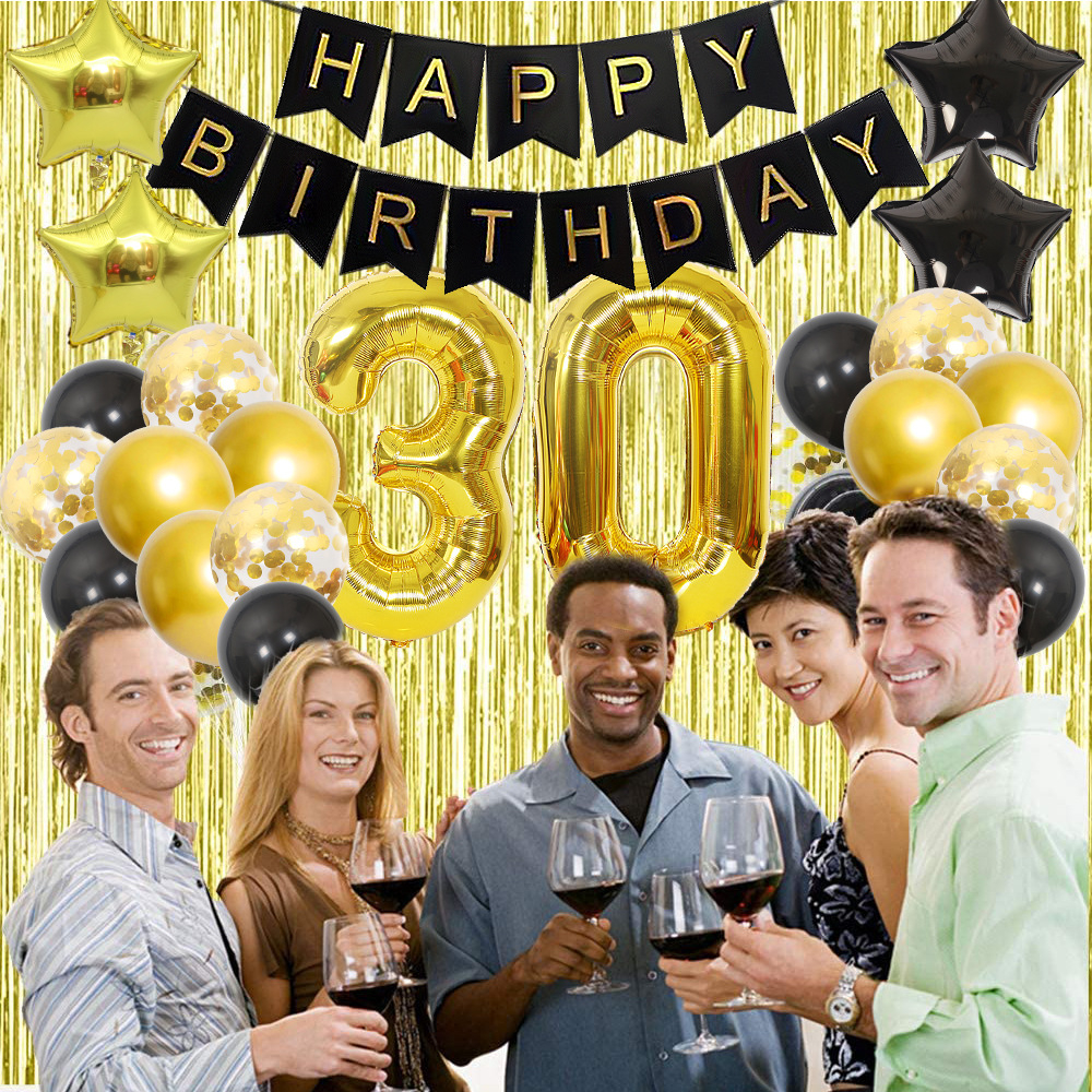 (53-tlg. Set) Happy Birthday Girlande 30. Geburtstag Party Deko   Latex- und Folienballons / Konfetti Ballons / Lametta Vorhang - Gold / Schwarz
