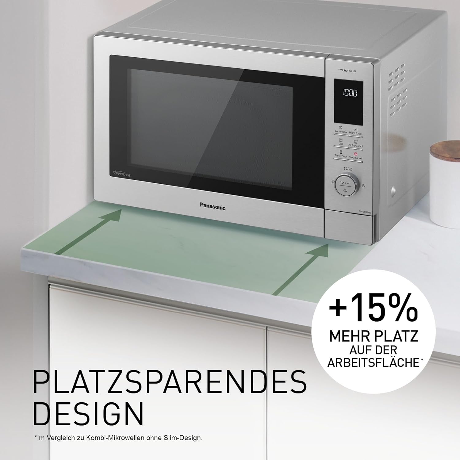 Panasonic NN-CD88QSEPG 34L Air Fryer Kombi-Mikrowelle mit Quarzgrill, 1000 W, automatisches Auftauen, Genius Sensor, Edelstahl, Silber