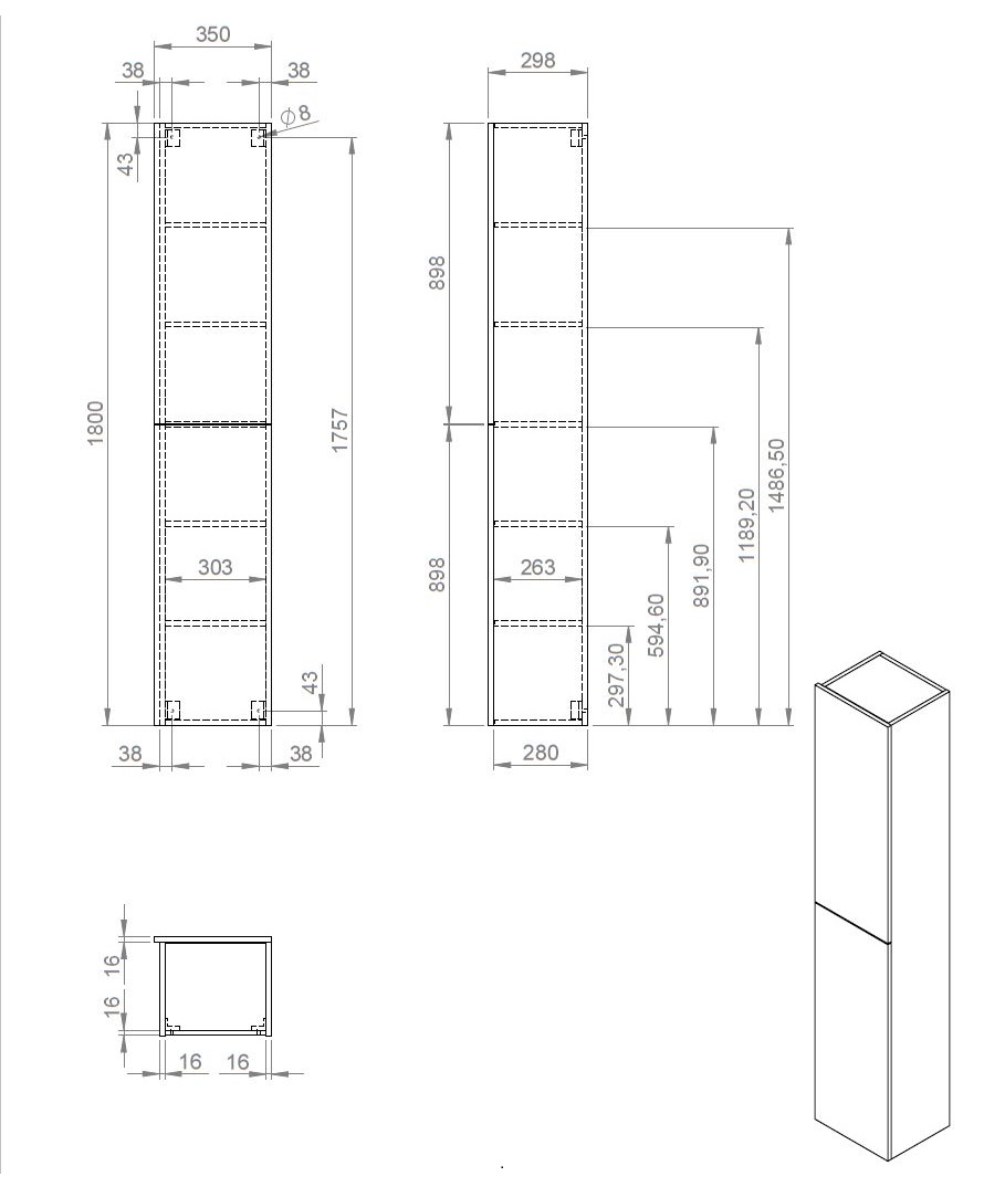 Best Design Blanco hoge kolomkast 180x35cm eiken