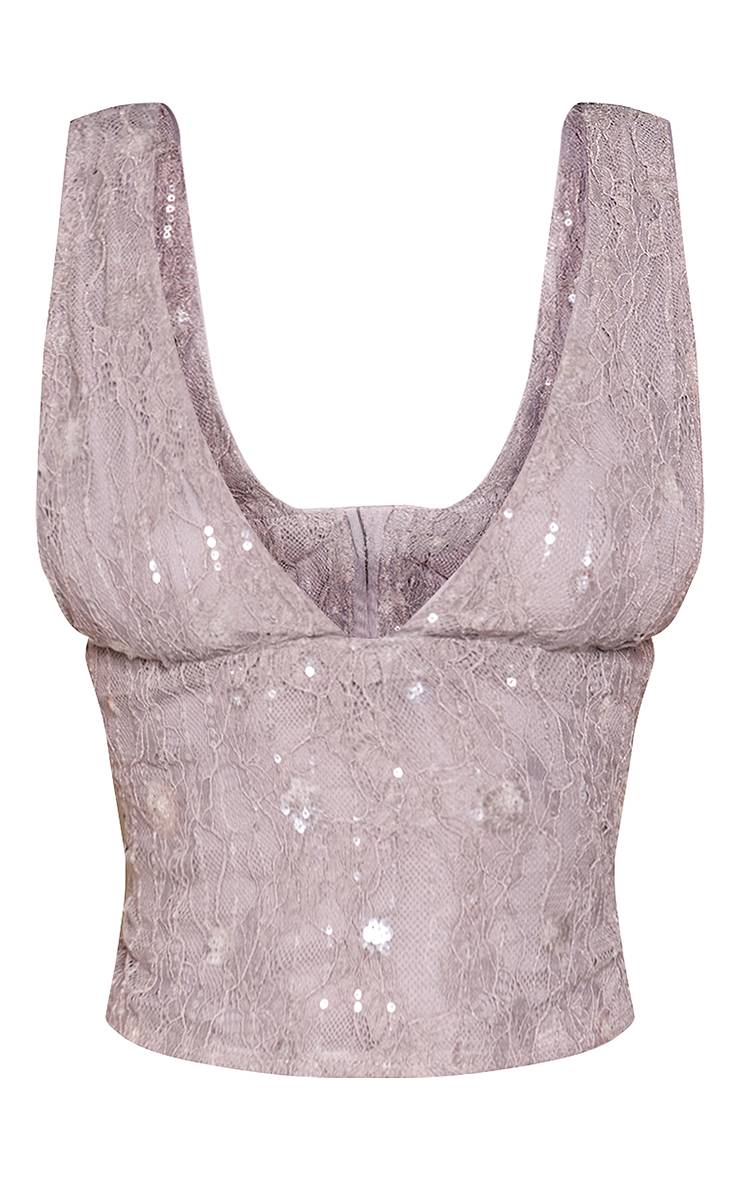 Gris Top Court Ajusté En Dentelle À Paillettes Petite Co-ord