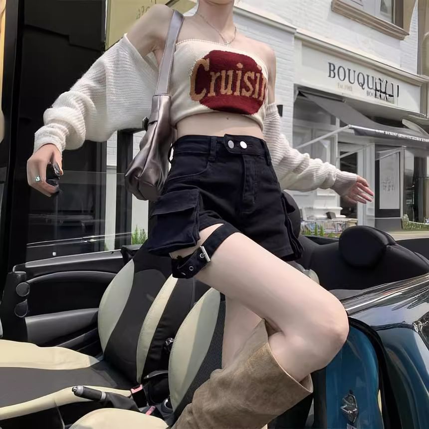 Wisjam - Hoge taille, effen denim cargoshorts met wijde pijpen en uitsparingen