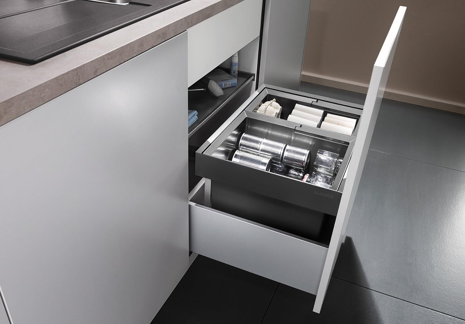 BLANCO FLEXON II 60/3 | Abfall Müllsystem | für 60 cm breite Unterschränke | System zum Einbau in Schubladen | Systemabdeckung | 3 x 15 Liter Eimer | Minimale Einbauhöhe: 355mm | [56,2x40x37,1 cm]