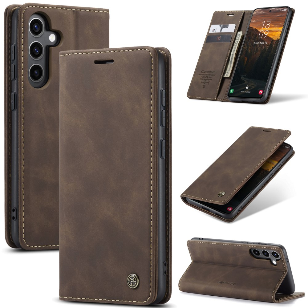 Samsung Galaxy S25 Leder Tasche Flip Wallet Etui mit Kartenfächern - Dunkelbraun