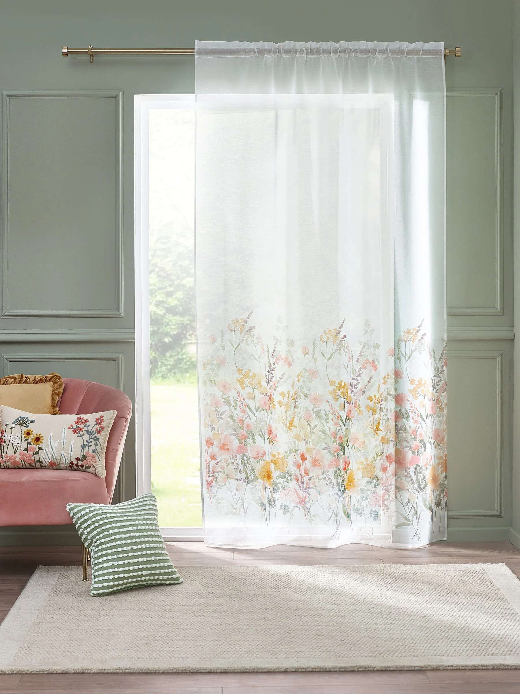 Catherine Lansfield Countryside Floral Slot Top Voile Curtain Slot Header Panel