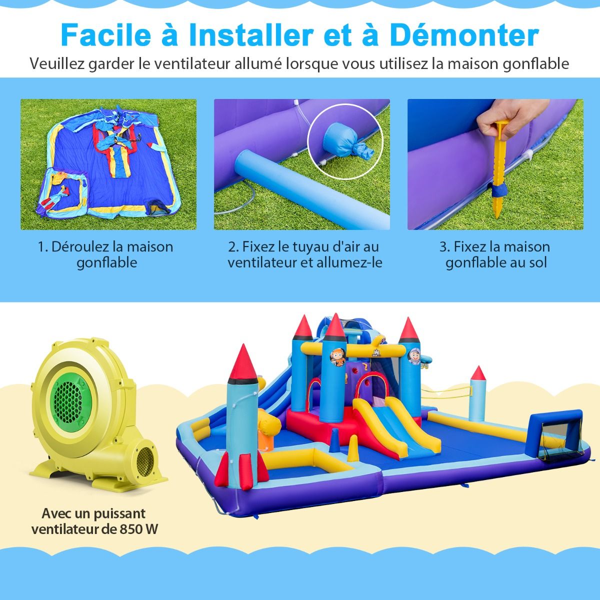 Château Gonflable à Toboggans Aquatiques Thème de La Fusée pour Enfants Piscine Zone de Saut Pistolet à Eau Escalade Souffleur de 850 W Multicolore - Lidl-Manfred