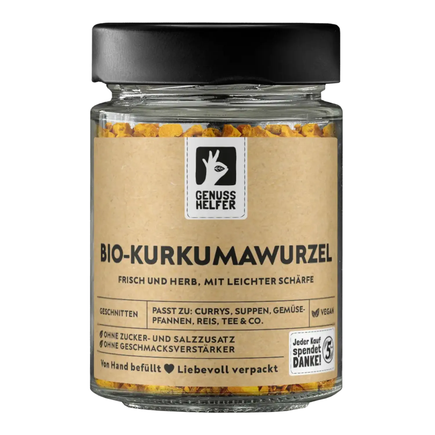 Kurkumawurzel Bio, geschnitten, im Glas