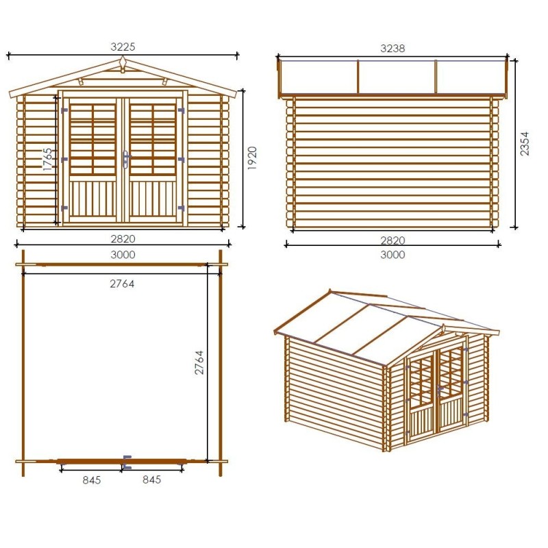 Abri de jardin en bois - 3x3 m - 18 m2 + terrasse avec balustrade et avant-toit en bois - traité