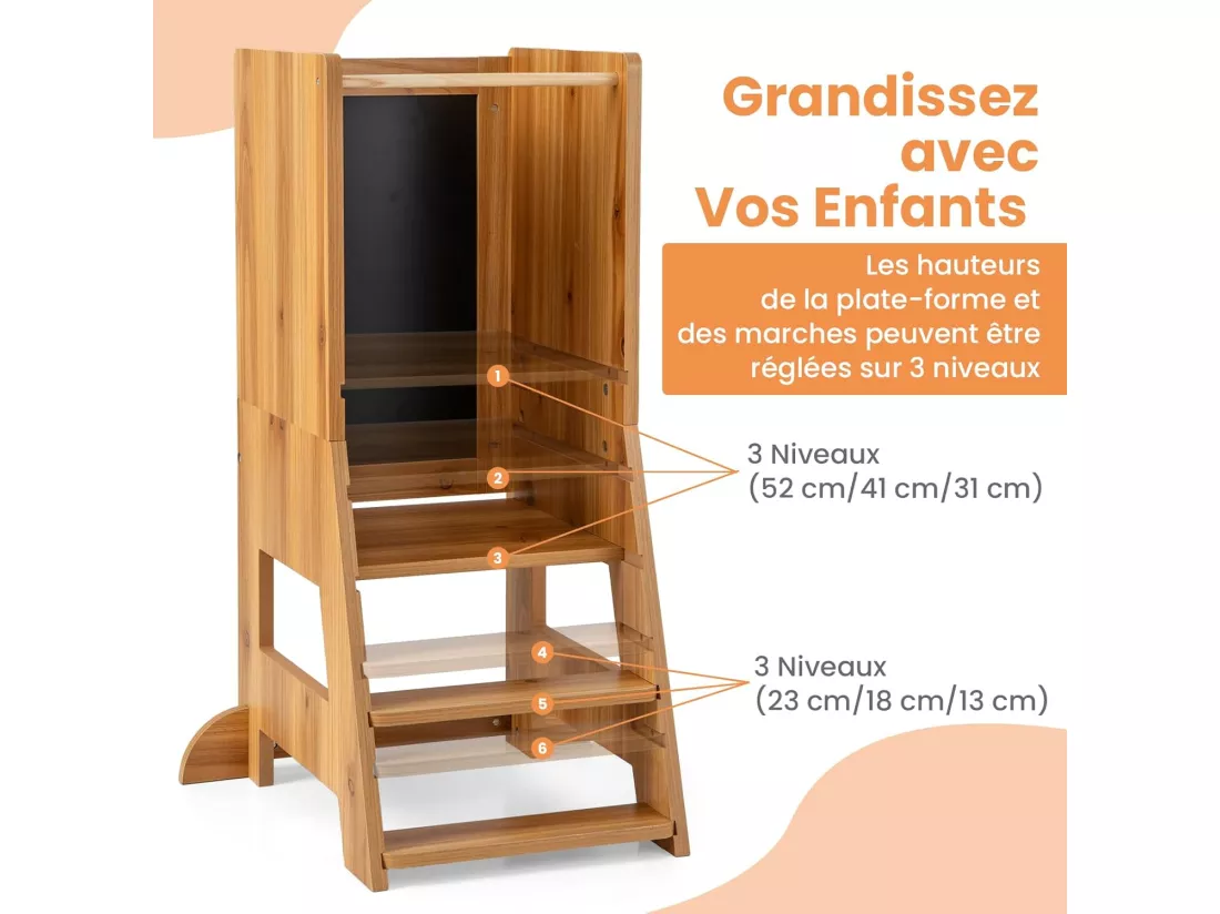 Tour d'apprentissage Enfant avec Hauteur Réglable & Tableau, Tour d'Observation Montessori en Bois avec Rail de Sécurité & Pieds Anti-Bascule, Charge 70kg pour Enfant de 1-7 Ans (Naturel)