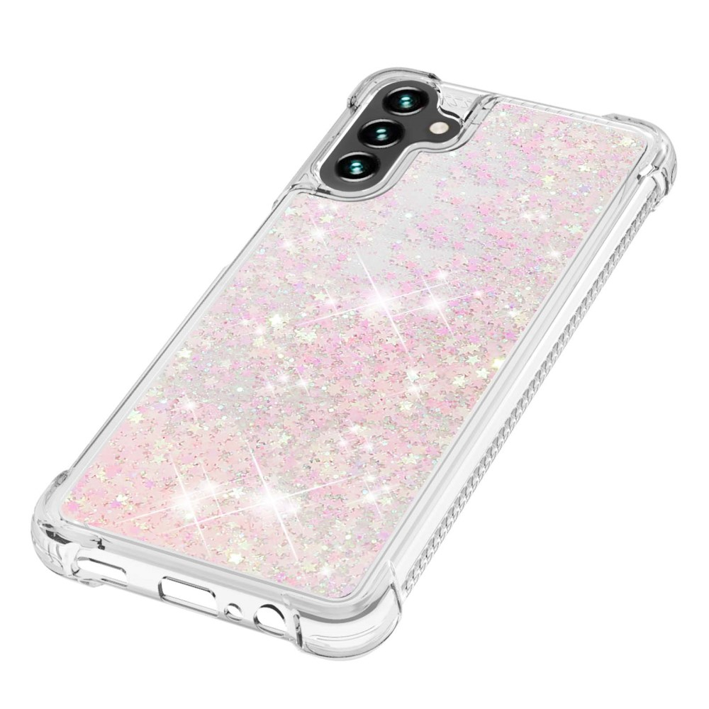 Samsung Galaxy A54 5G Hardcase Hülle mit Air Cushion Fallschutz Liquid Case Glitzer Herzen - Rosa / Transparent