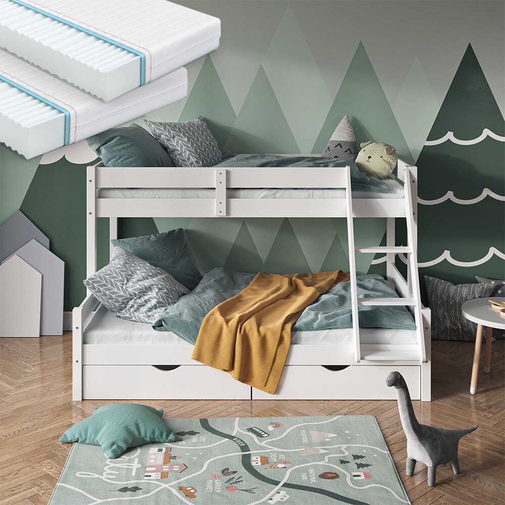 VitaliSpa Hochbett Kinderbett Spielbett Everest Weiß modern 120x200 Massivholz Kinderzimmer Bett Lattenrost Bettleiter Kletterbett Doppelbett Geschwisterbett Bettschublade Rollschublade Matratze