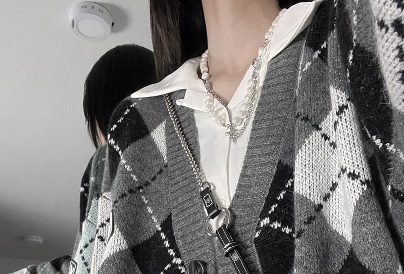 Honey River - V-hals Argyle Losvallend Vest met Knoopjes