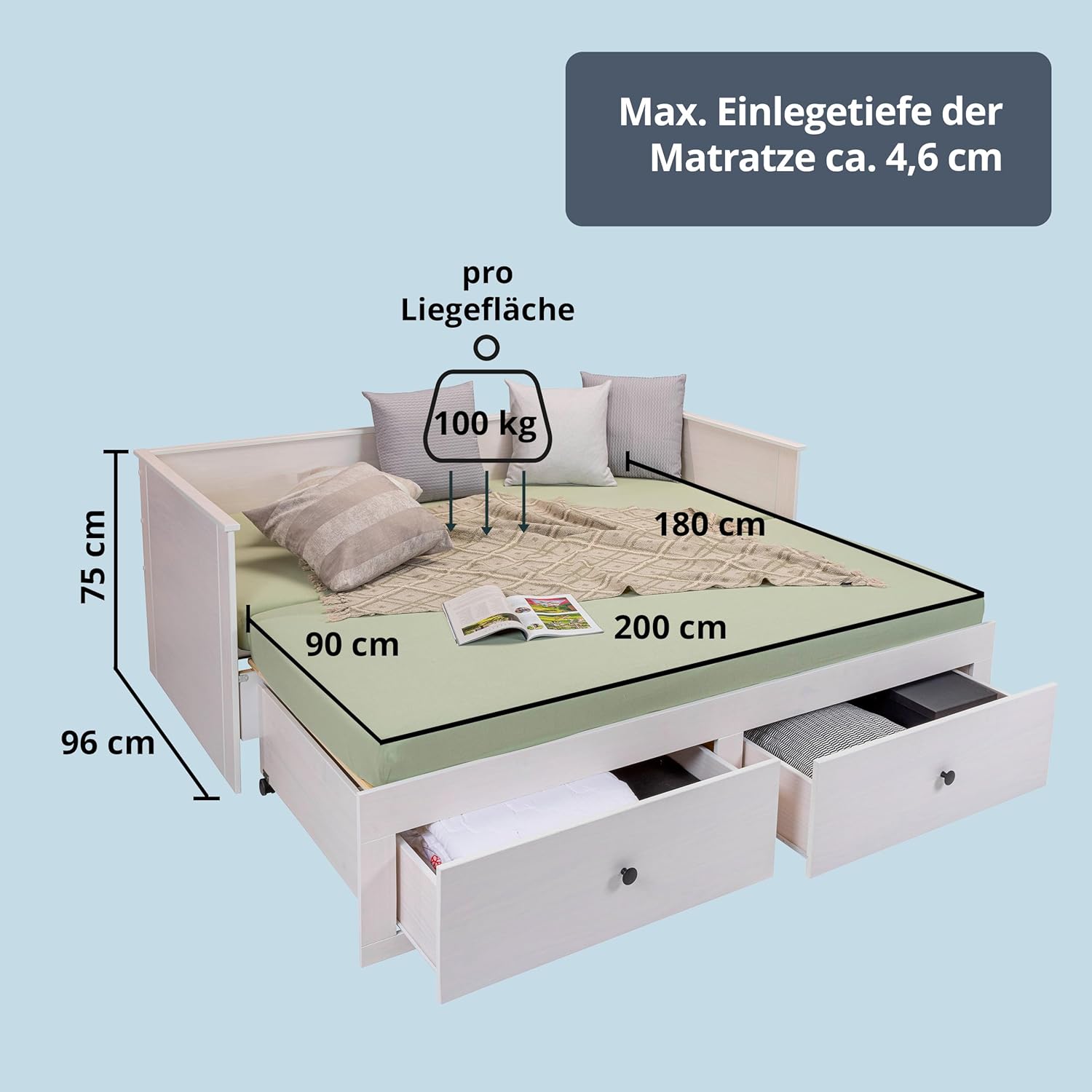 KHG Tagesbett mit Ausziehfunktion 90-180x200cm weiß integrierte Schubkästen mit Lattenrost Holzwerkstoff moderner Landhaus-Charme