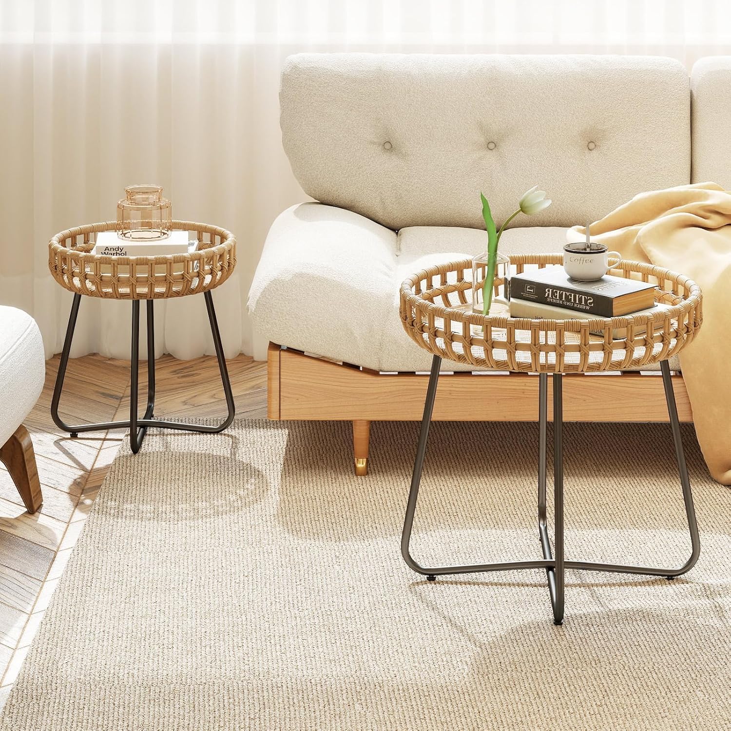 COSTWAY Beistelltisch rund 2er Set, Outdoor Rattan Gartentisch mit Metallrahmen und verstellbaren Füßen, Kleiner Balkontisch, Kaffeetisch für Balkon, Garten, Terrasse, Wohnzimmer CE4817391