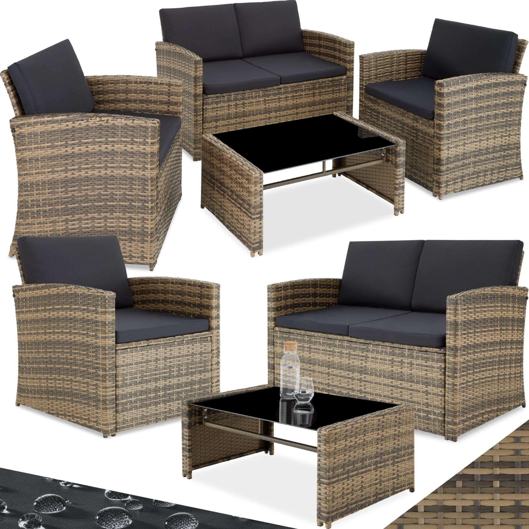 tectake® Rattan Lounge, für 4 Personen, UV-beständig, mit Sicherheitsglasplatte