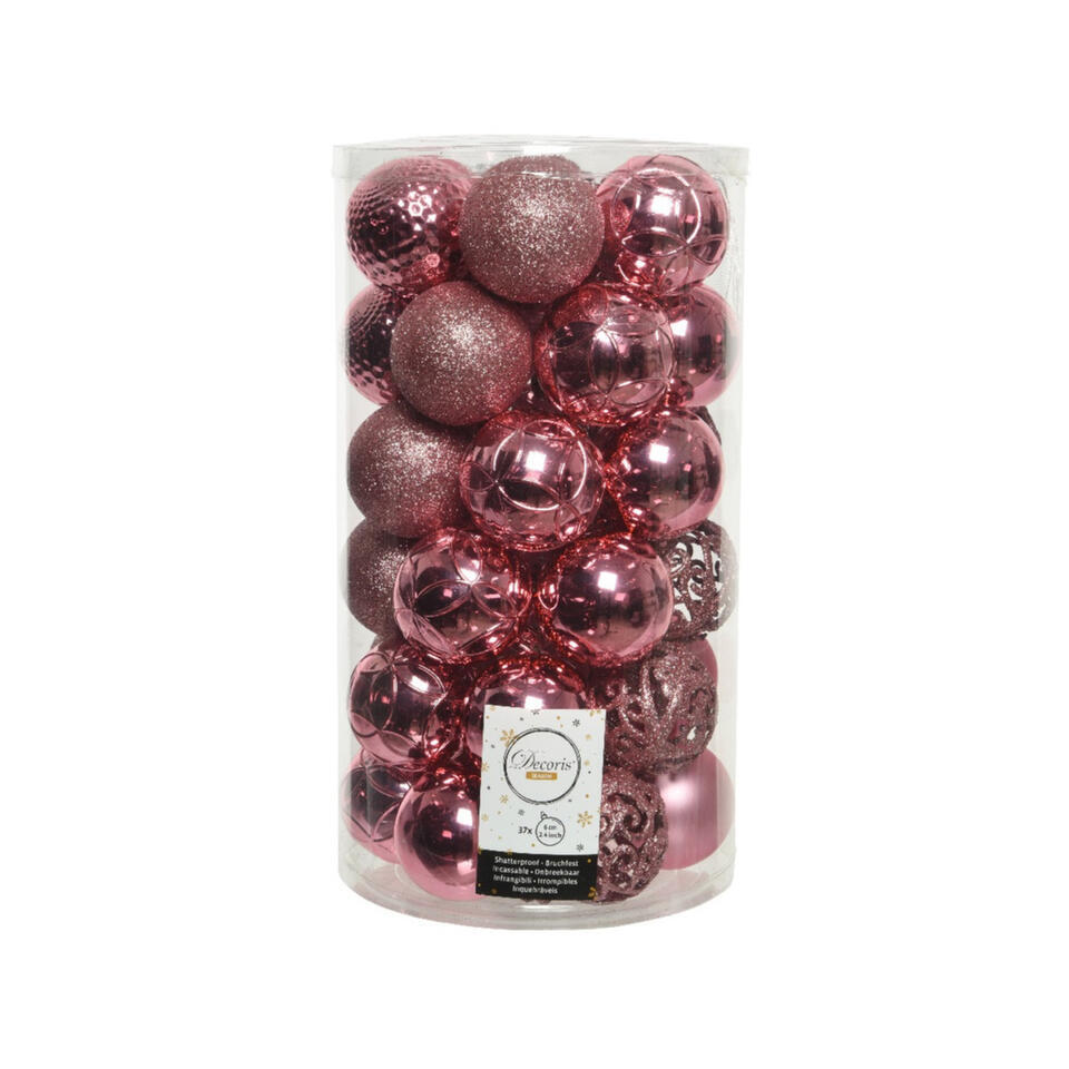 Decoris Kerstballen - 37 stuks - kunststof - roze - 6 cm