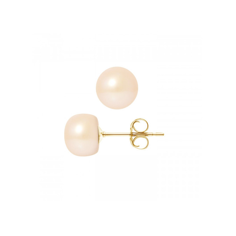 Boucles d'Oreilles Femme Puces Perles de Culture d'eau douce Roses et or jaune 750/1000