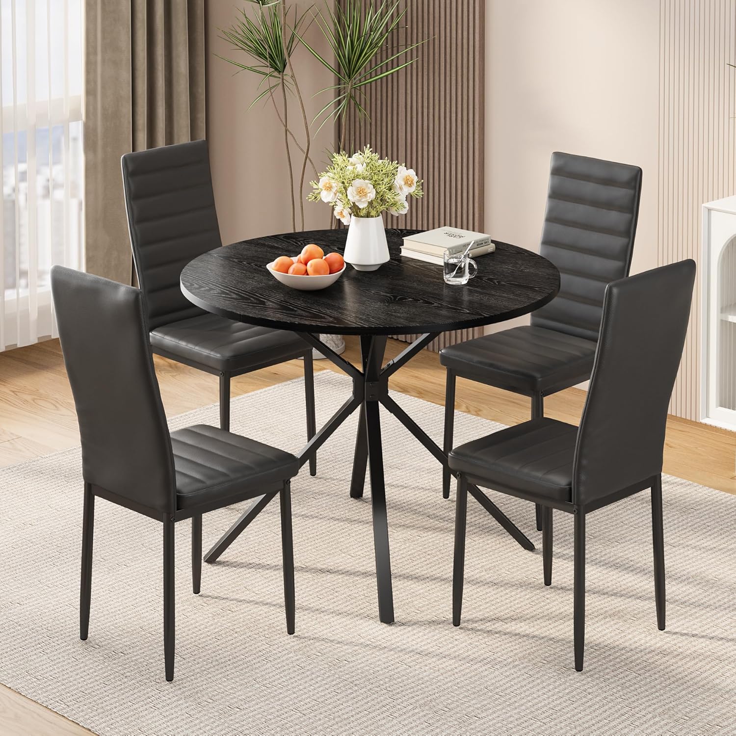 Xbro Essgruppe 5-Teilig, Runder Esstisch Ø100 cm und 4 Polsterstühle, Moderner Holz-Esstisch mit gepolsterten Esszimmerstühlen, für Küche, Esszimmer, Wohnzimmer, Schwarz