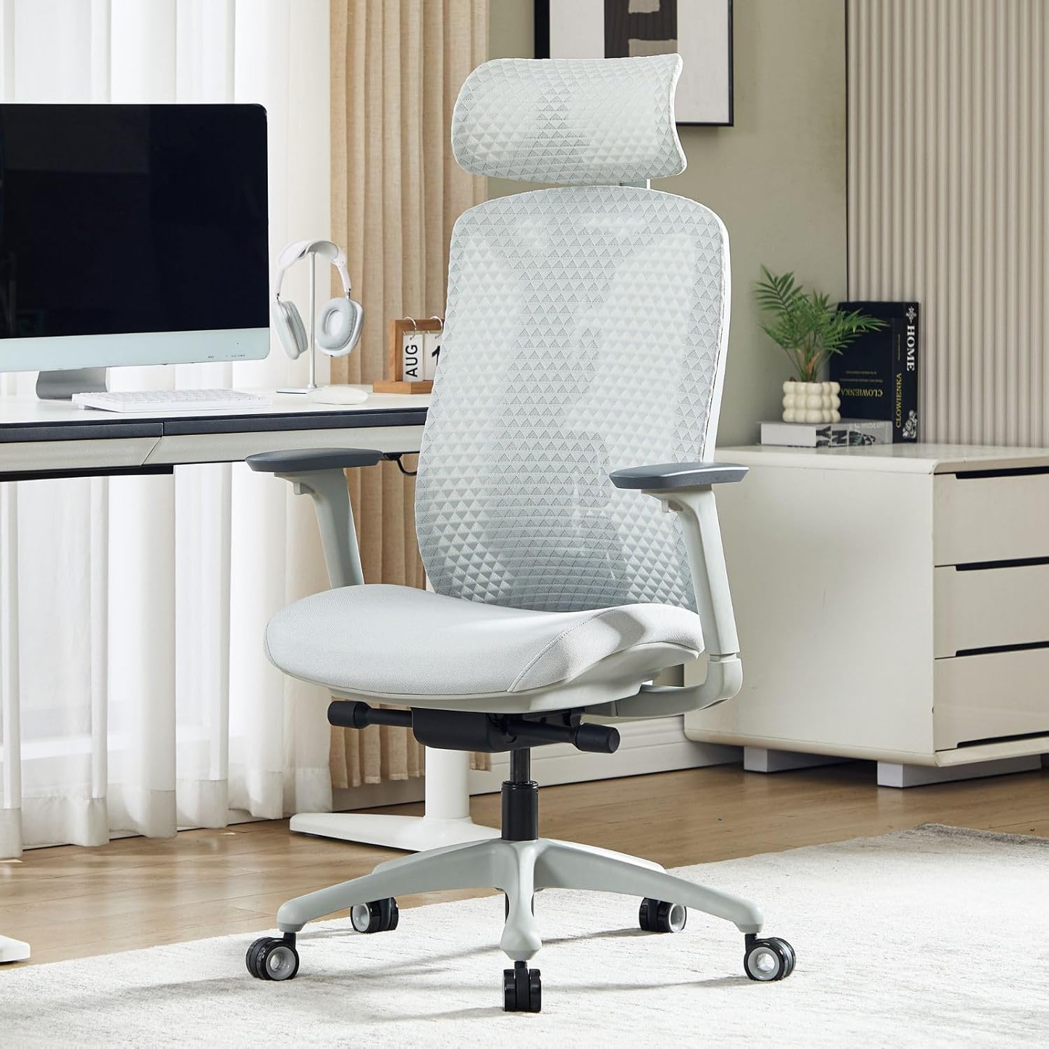 ergonomischer Bürostuhl | Schreibtischstuhl mit Verstellbarer Sitztiefe, Lendenwirbelstütze und Armlehnen, Computerstuhl mit höhenverstellbarer Rückenlehne, 3D-Kopfstütze, Grau